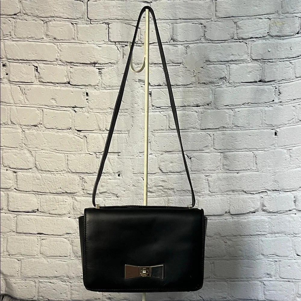 * Kate Spade Black Leather Shoulder Bag with Silver Bow Accent